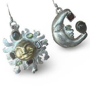 Pure Silver Artisan Garnet Moonstone Citrine Sun and Moon Earrings By C + R